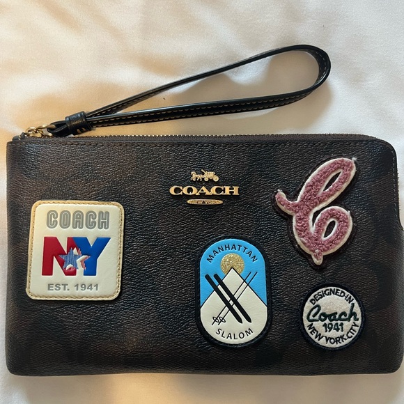 Coach Dark Brown Wristlet with Patches - Picture 1 of 3